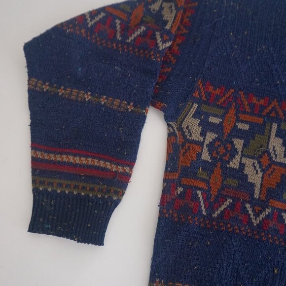 Vtg Essentiels Navy Orange 3D Eclectic Grandpa Knit Ribbed Crewneck Sweater LT - Picture 7 of 10